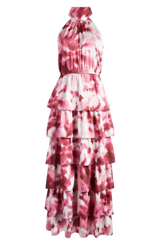 Shop Chelsea28 Printed Tiered Mock Neck Maxi Dress In Pink Print