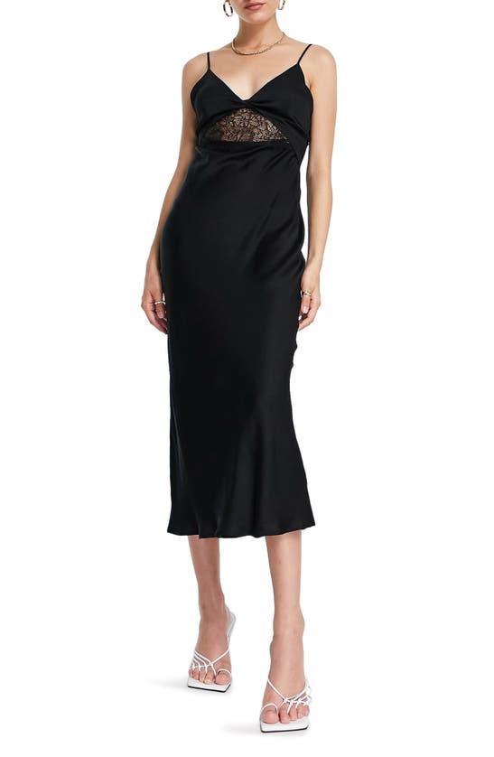 Topshop Lace Trim Midi Slip Dress In Black In Black