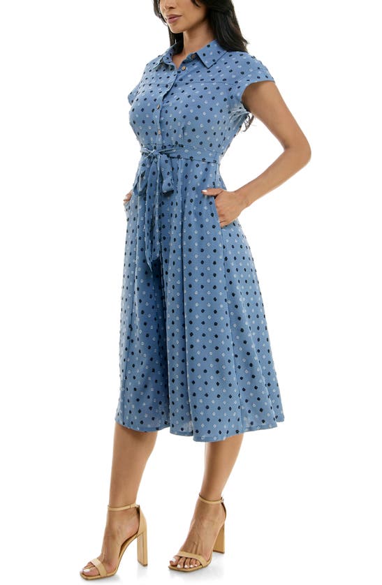 Nina Leonard Swiss Dot Cap Sleeve Midi Shirtdress In Denim Multi