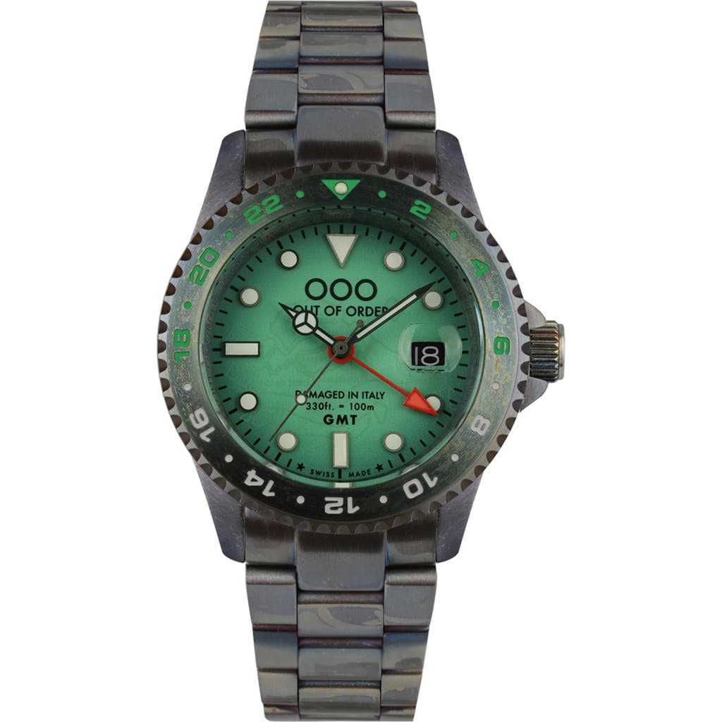 Out Of Order Swiss Movement Gmt Tokyo Shibuya Ultra Brushed Bracelet Watch, 44mm In Black/light Green