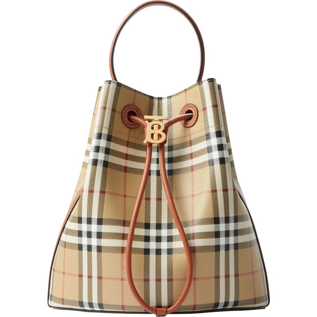 Burberry Small Tb Check Coated Canvas Bucket Bag In Vintage Check/briar Brown