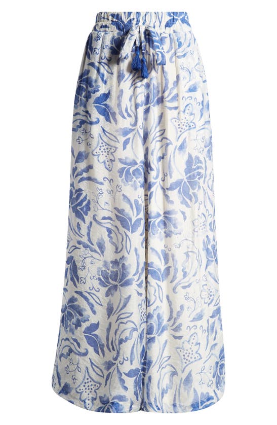 Shop Vince Camuto Floral Wide Leg Drawstring Pants In Sapphire Sky