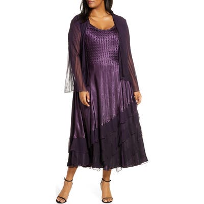 Plus Size Komarov Ombre Tiered Hem Cocktail Dress With Chiffon Jacket, Purple