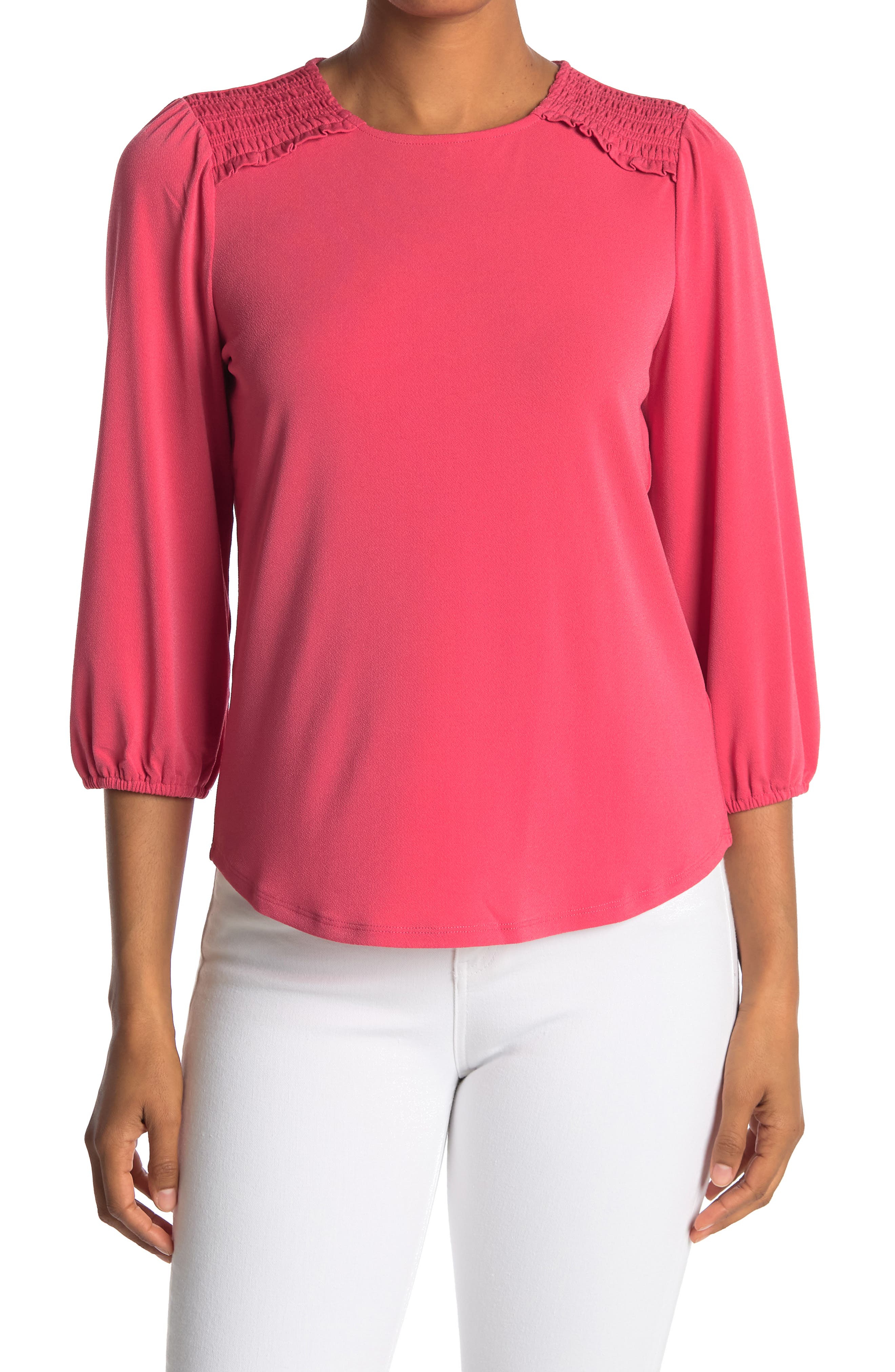 Adrianna Papell Smocked 3/4 Sleeve Moss Crepe Top In Pink Overflow