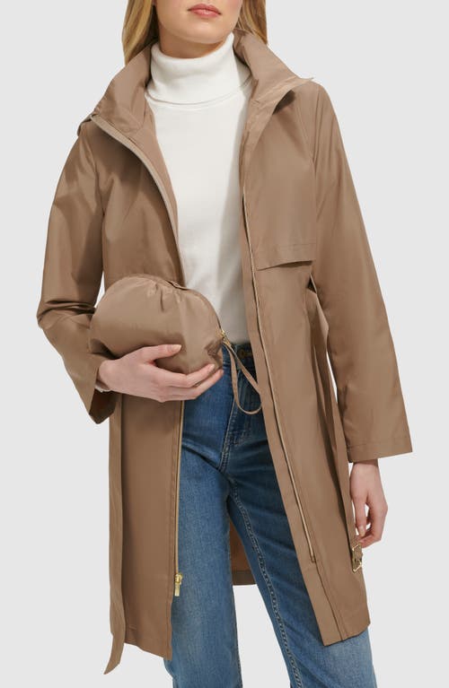 Cole Haan Belted Travel Packable Hooded Rain Jacket In Champagne