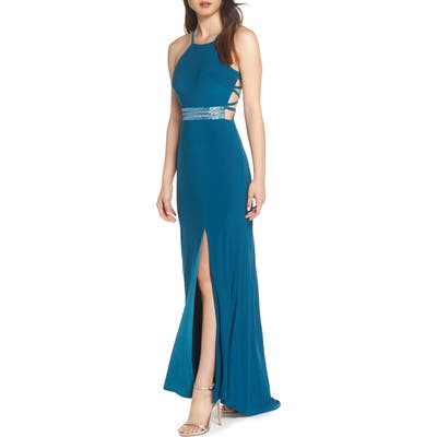 Morgan & Co. Beaded Mesh Halter Gown, /12 - Green