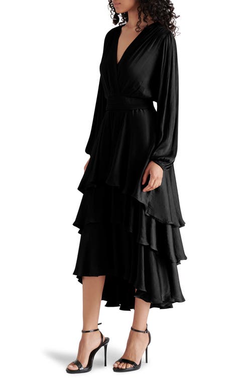 Shop Steve Madden Bei Long Sleeve Tiered Satin Midi Dress In Black