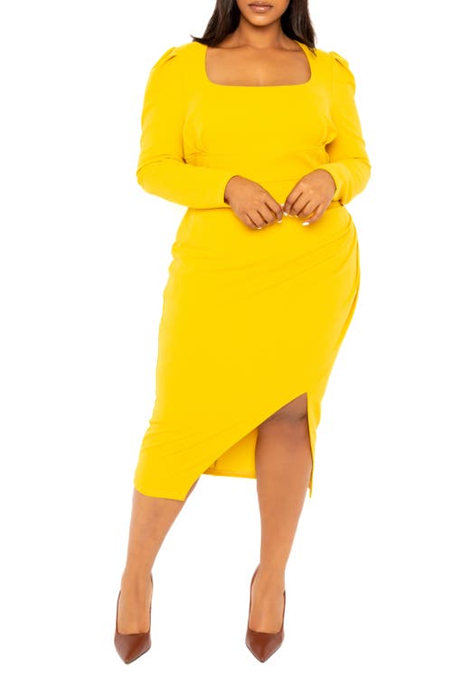 Puff Shoulder Long Sleeve Asymmetric Midi Sheath Dress in Mustard