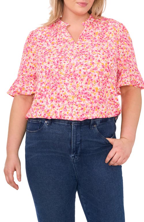 Cece Floral Ruffle Detail Blouse In Pink/new Ivory