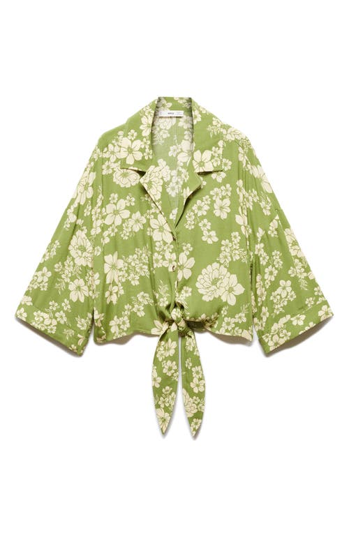 MANGO Floral Long Sleeve Tie Hem Camp Shirt Green at Nordstrom,