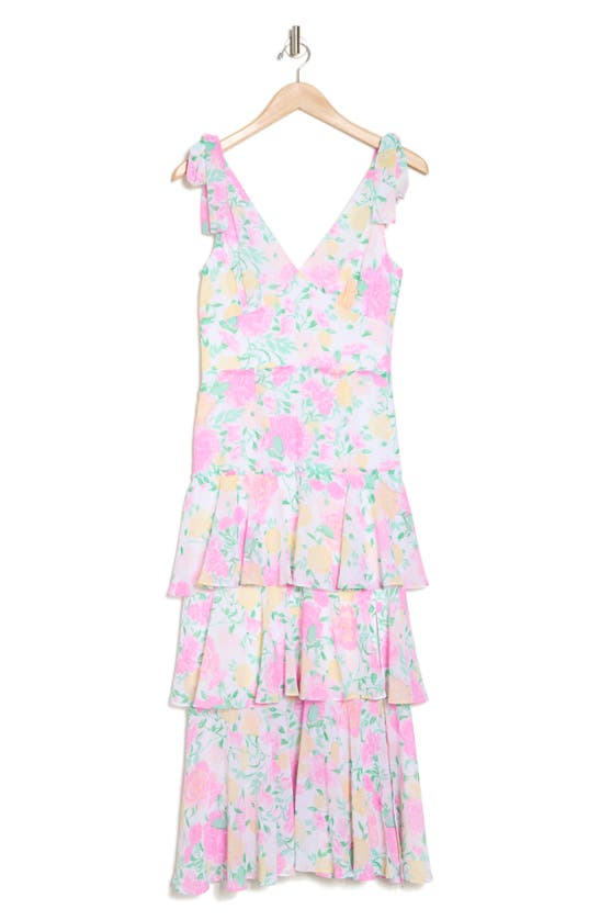 Shop Wayf Floral Tiered Tie Strap Midi Dress In Pink Carnations