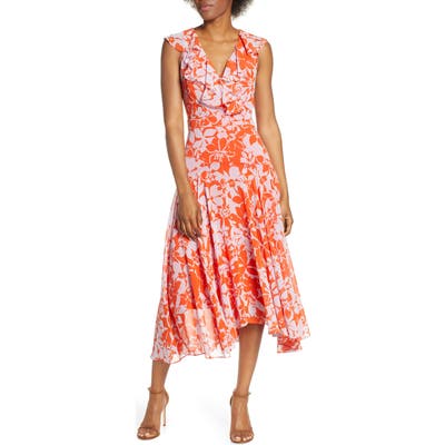 Petite Eliza J Print Handkerchief Hem Midi Dress, Orange