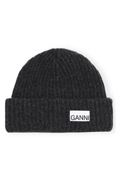 Ganni Structured Rib Wool Blend Beanie in Phantom
