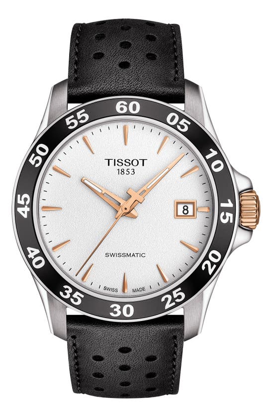 Tissot V8 Swissmatic Perforated Leather Strap Watch, 42mm In Black/ Silver/ Rose Gold