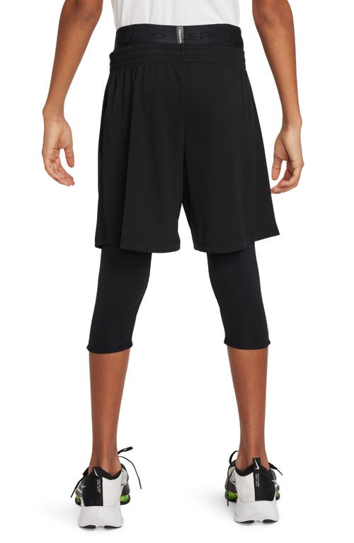 Shop Nike Kids' Pro Dri-fit 3/4 Workout Tights In Black/black/white