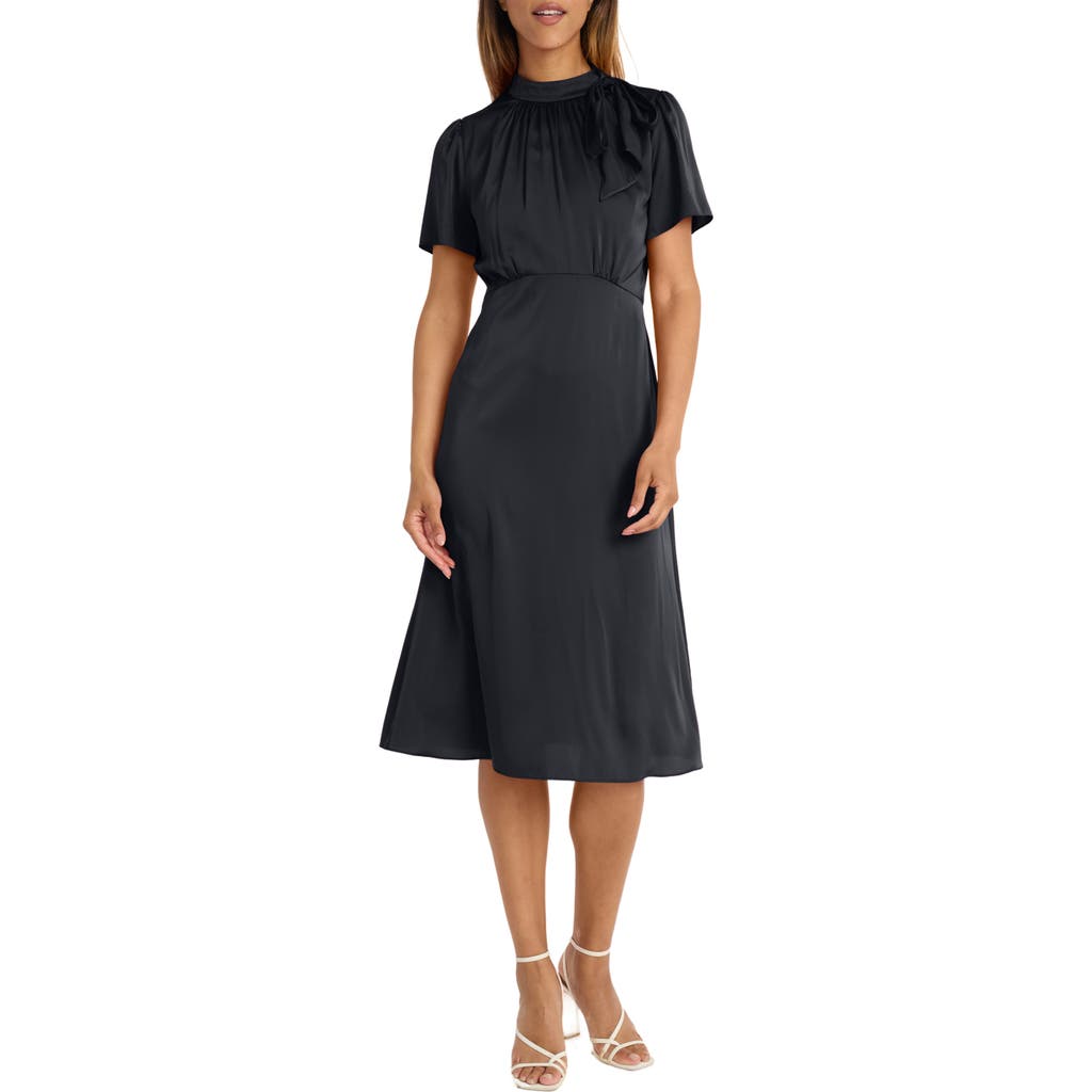 Maggy London Tie Neck Short Sleeve Charmeuse Midi Dress In Black