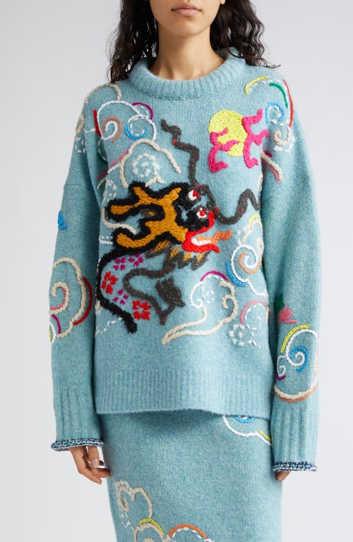 Dragon Embroidered Wool Blend Crewneck Sweater in Blue