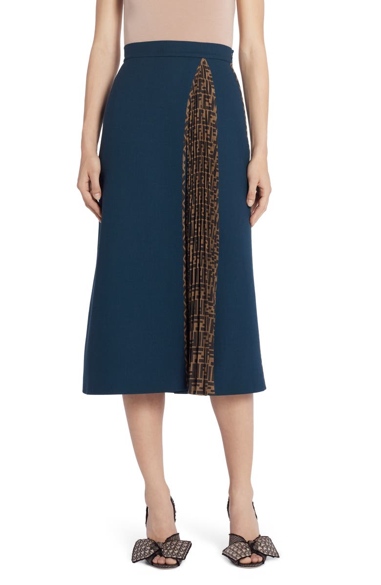 Fendi Pleated FF Inset Wool Crepe A-Line Midi Skirt | Nordstrom