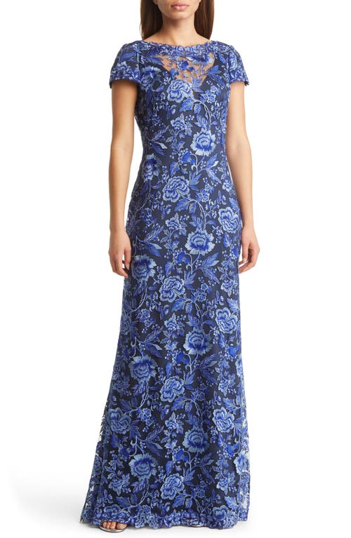 Tadashi Shoji Embroidered Lace Evening Gown In Blue Violet/navy