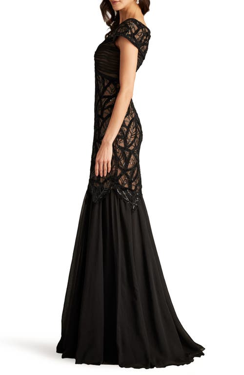 Shop Tadashi Shoji Sequin Leaf Detail Trumpet Gown In Black/nude