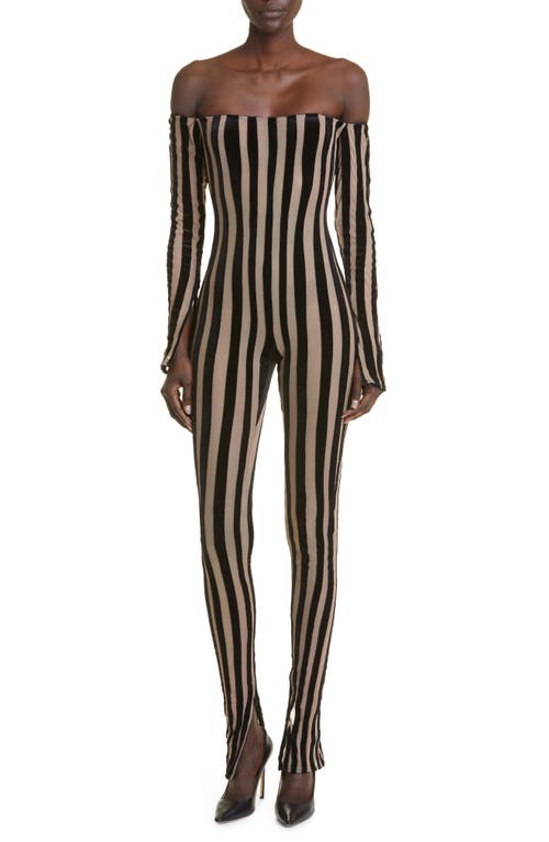 LaQuan Smith Velvet Stripe Off the Shoulder Mesh Catsuit in Nude/Black at Nordstrom, Size Large