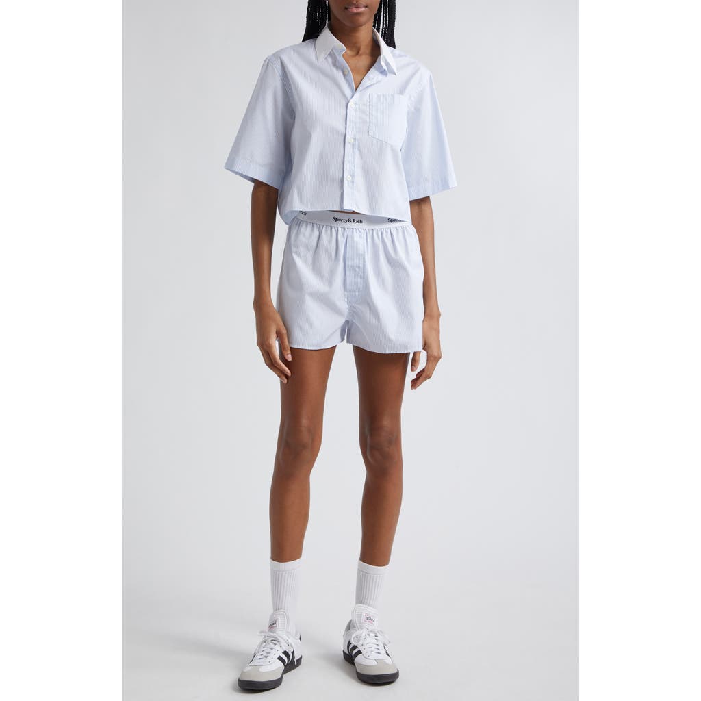 Sporty And Rich Sporty & Rich Embroidered Crop Shirt In White/light Blue Stripe