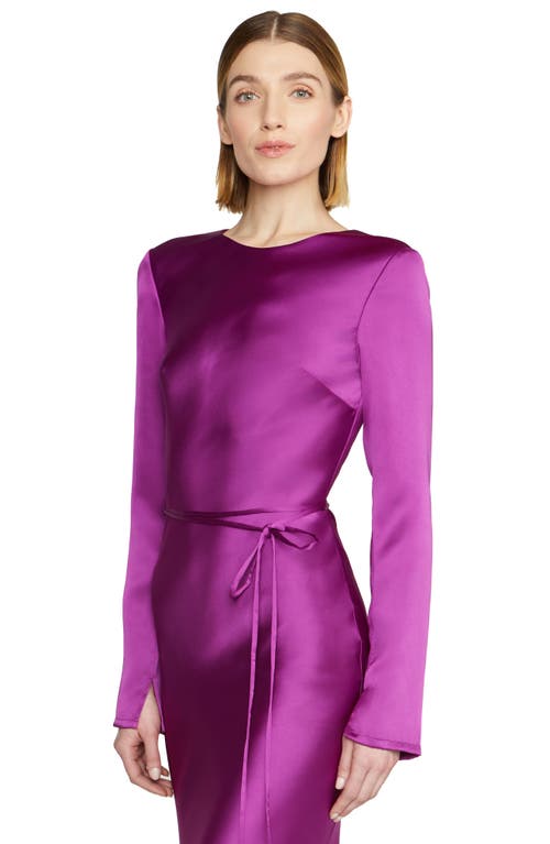 Shop ml Monique Lhuillier Marie Tie Waist Long Sleeve Satin A-line Gown In Mulberry