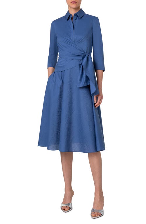 Akris Punto Sash Detail Cotton Seersucker Shirtdress In Smoky Blue