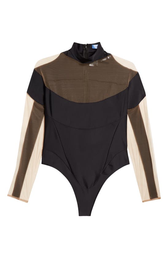 Mugler Mock Neck Long Sleeve Jersey & Illusion Mesh Bodysuit In Black/ Beige 01