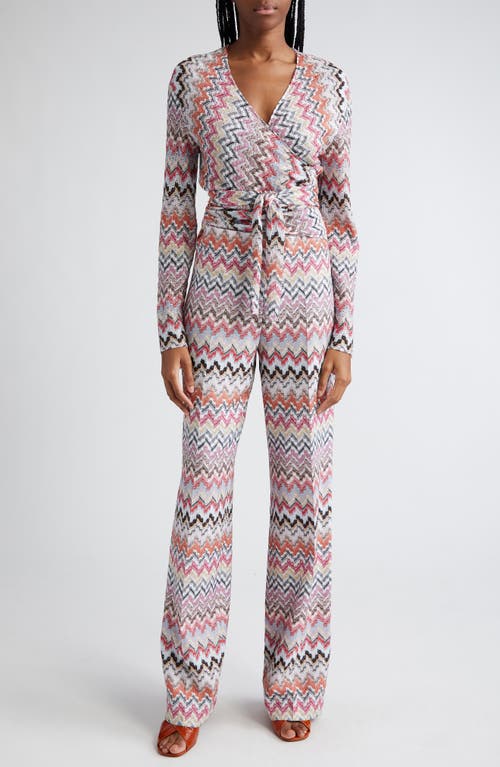 Long Sleeve Chevron Jumpsuit in Pink White Tones Multi