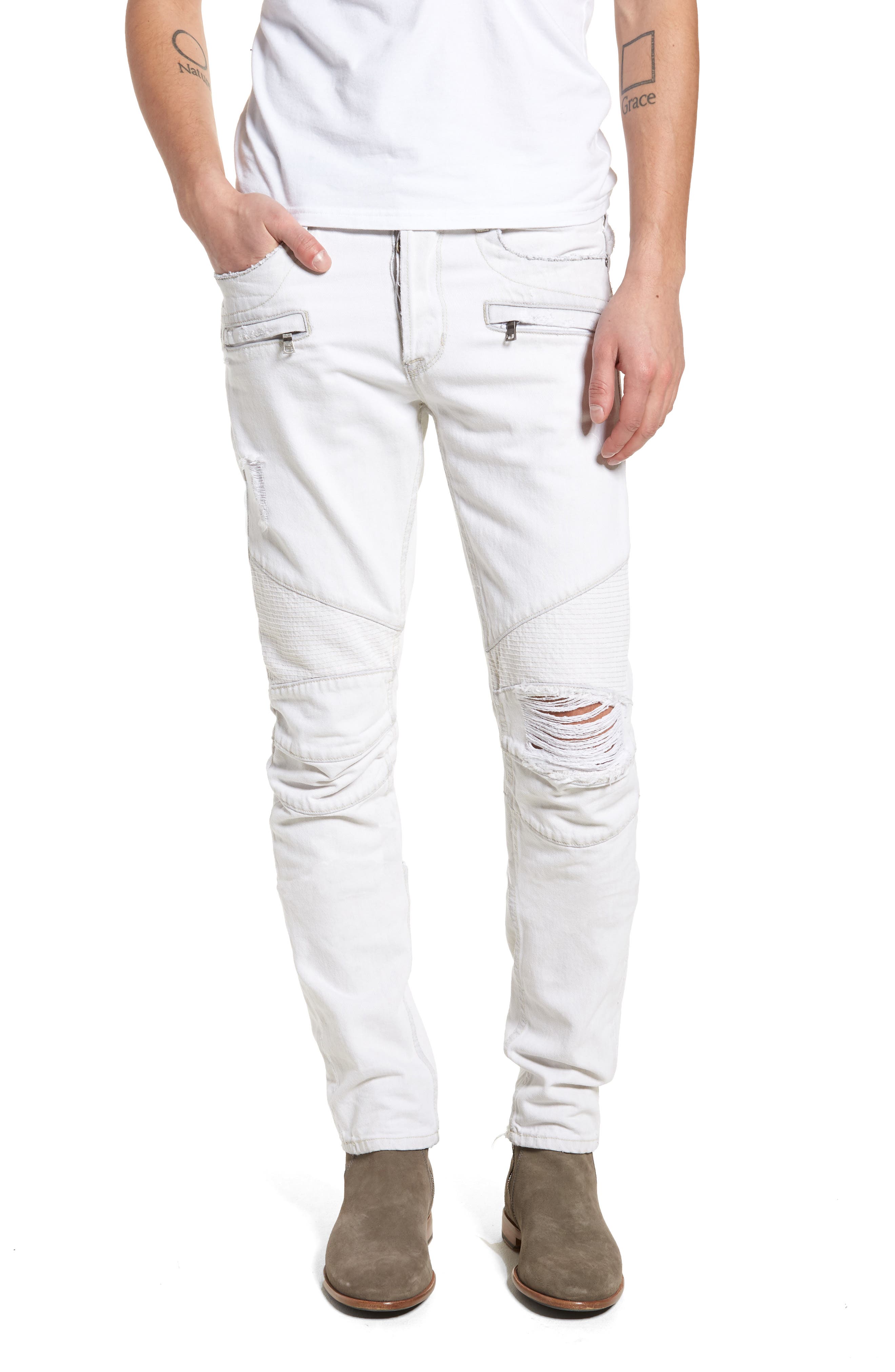 mens white moto jeans