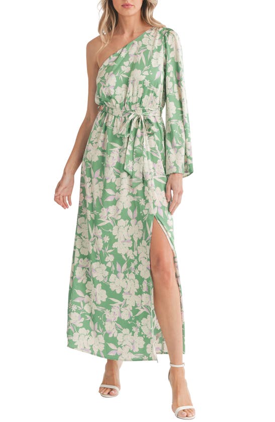 Lush One-shoulder Satin Maxi Dress In Green Floral