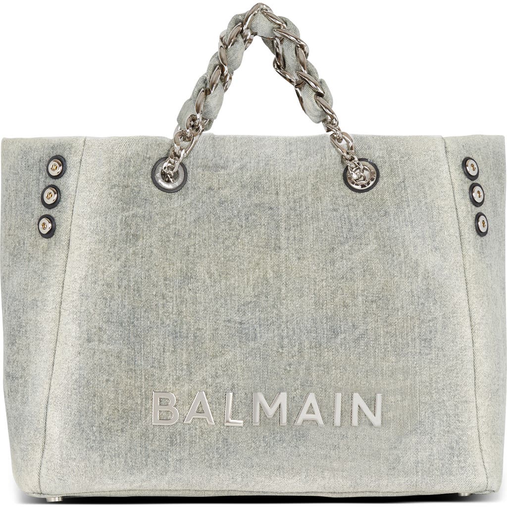 Shop Balmain 1945 Soft Washed Denim Tote In Navy/beige