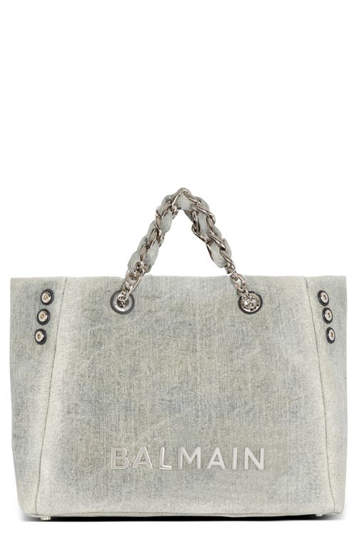 Shop Balmain 1945 Soft Washed Denim Tote In Navy/beige