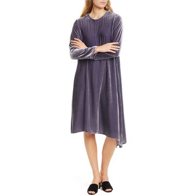 Eileen Fisher Asymmetrical Hem Velvet Long Sleeve T-Shirt Dress, Grey
