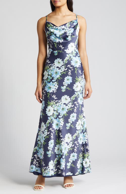 Print Cowl Neck Satin Gown in Navy Multi