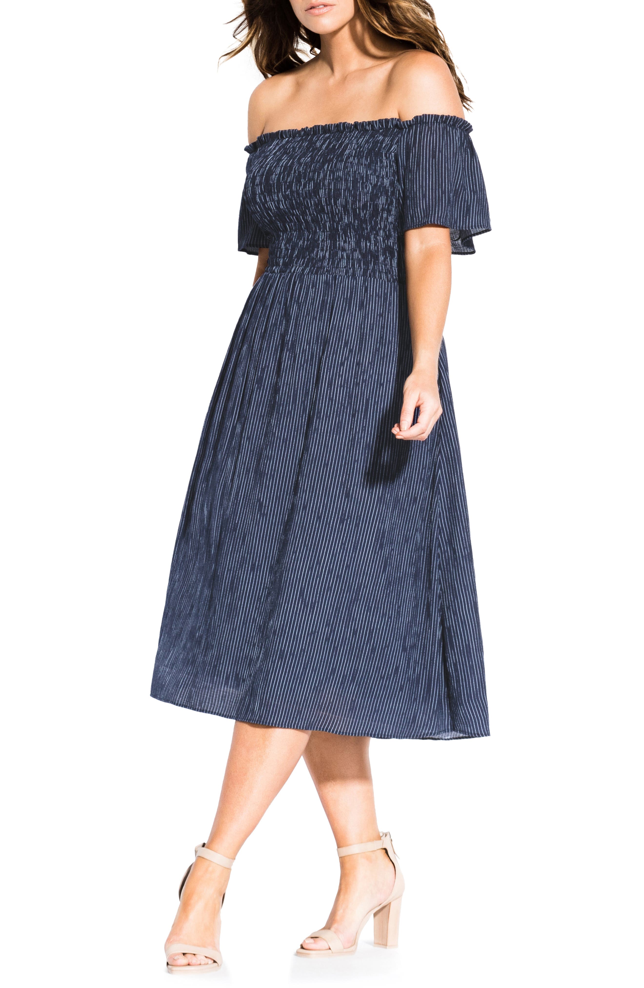 Plus Size City Chic Off The Shoulder A-Line Dress, Blue
