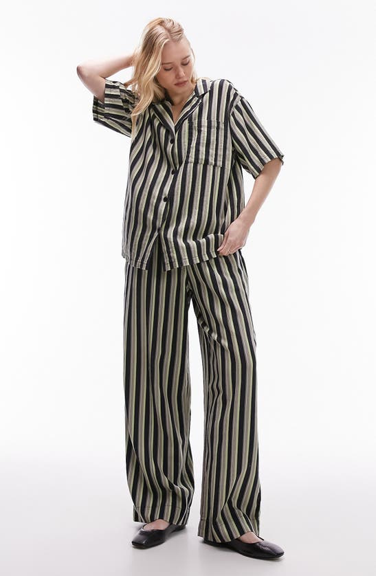 Shop Topshop Oversize Stripe Linen Blend Camp Shirt In Black Multi