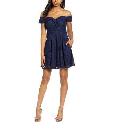 Speechless Off The Shoulder Lace Skater Dress, Blue