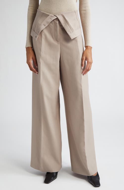 Foldover Waist Pleated Recycled Polyester & Wool Wide Leg Trousers in Cold Beige