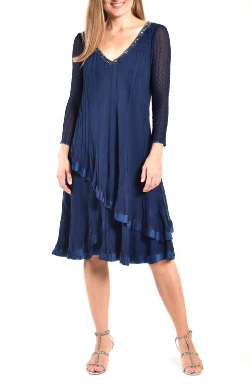 Beaded Long Sleeve Cocktail Dress in Midnight Navy