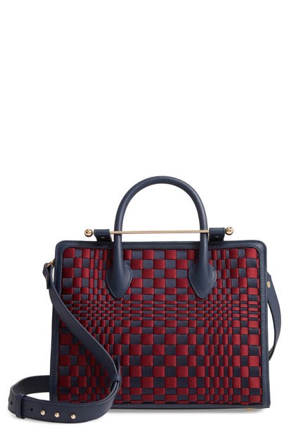 STRATHBERRY MIDI WEAVE SATIN & LEATHER TOTE,20194-192-125-550-W