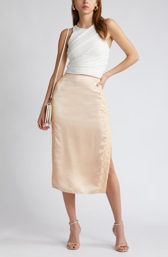 Shop Open Edit Lace Panel Satin Skirt In Beige Bisque