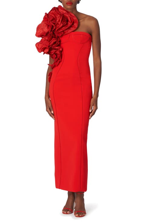 Dramatic Rosette One-Shoulder Crepe Column Gown