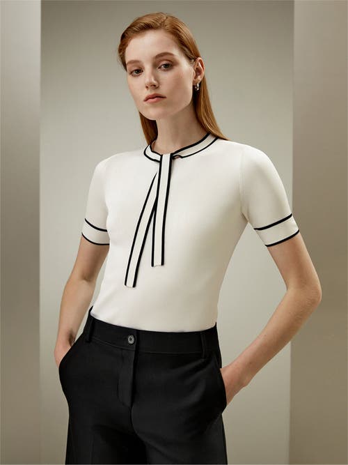 Lilysilk Silk Knit Top With Ribbons In White With Black Stripes