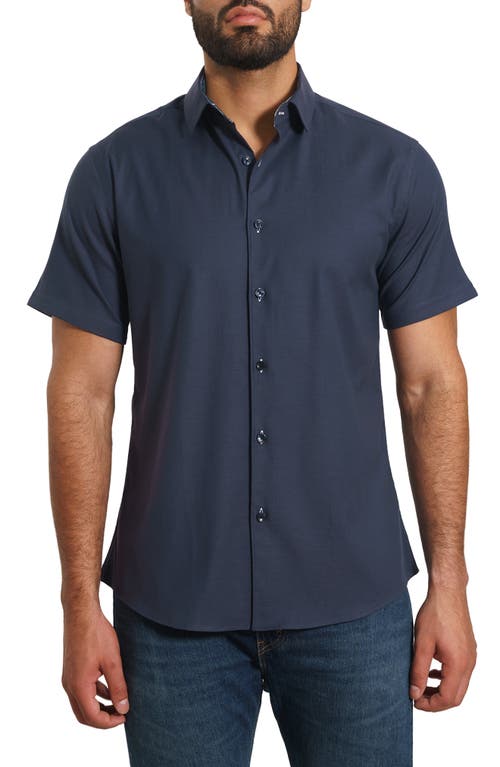 Jared Lang Trim Fit Solid Short Sleeve Button-Up Shirt in Navy 