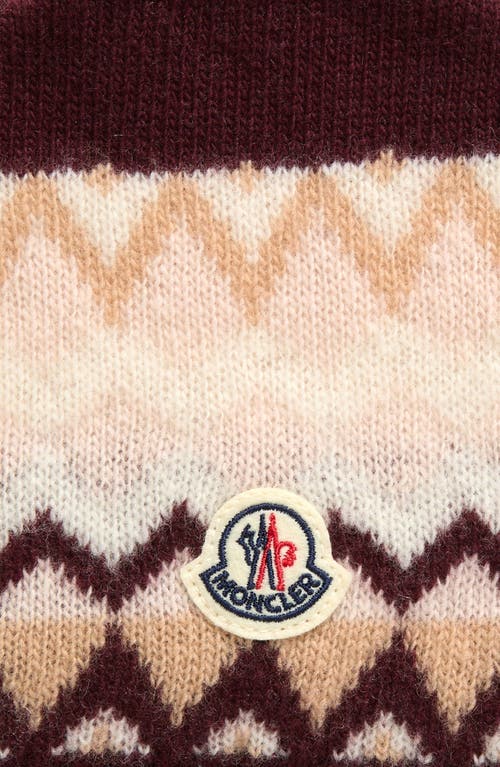 Moncler Kids' Logo Patch Zigzag Jacquard Virgin Wool Beanie In White/burgundy