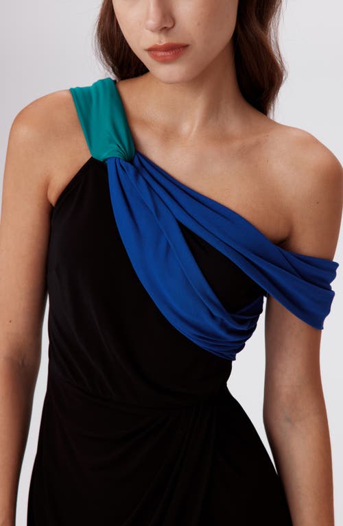 Shop Diane Von Furstenberg Terin Colorblock One-shoulder Dress In Black/royal Blue/emerald