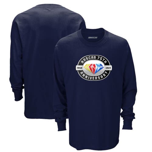 Men's Checkered Flag Navy NASCAR 75th Anniversary Logo Long Sleeve T-Shirt