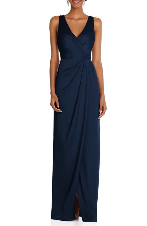 Sleeveless Satin Faux Wrap Gown in Midnight Navy